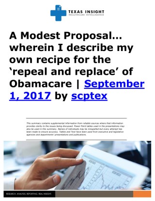 A Modest Proposal... wherein I describe my own recipe for the 'repeal and replace' of Obamacare Cover Image