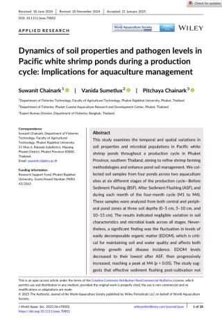 Dynamics of soil properties and pathogen levels inPacific white shrimp ponds during a productioncycle: Implications for aquaculture management Cover Image