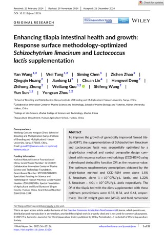 Enhancing tilapia intestinal health and growth:Response surface methodology-optimizedSchizochytrium limacinum and Lactococcuslactis supplementation Cover Image