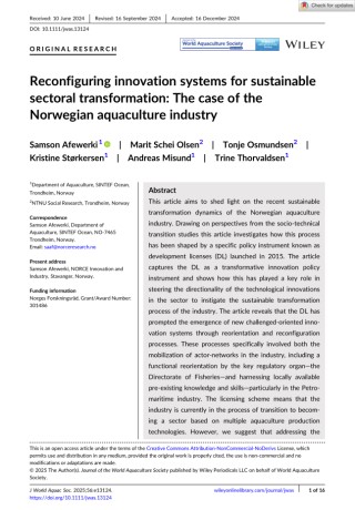 Reconfiguring innovation systems for sustainablesectoral transformation: The case of theNorwegian aquaculture industry Cover Image