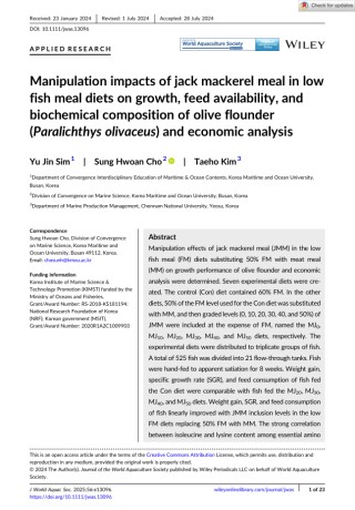 Manipulation impacts of jack mackerel meal in lowfish meal diets on growth, feed availability, andbiochemical composition of olive flounder(Paralichthys olivaceus) and economic analysis Cover Image