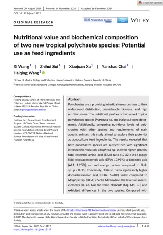 Nutritional value and biochemical compositionof two new tropical polychaete species: Potentialuse as feed ingredients Cover Image