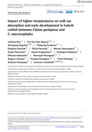 Impact of higher temperatures on yolk sacabsorption and early development in hybridcatfish between Clarias gariepinus andC. macrocephalus Cover Image